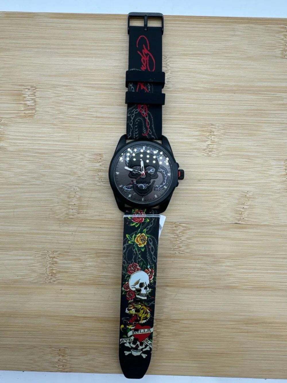 Ed Hardy Men's Skull Snake Watch Black Silicone Strap Analog Quartz